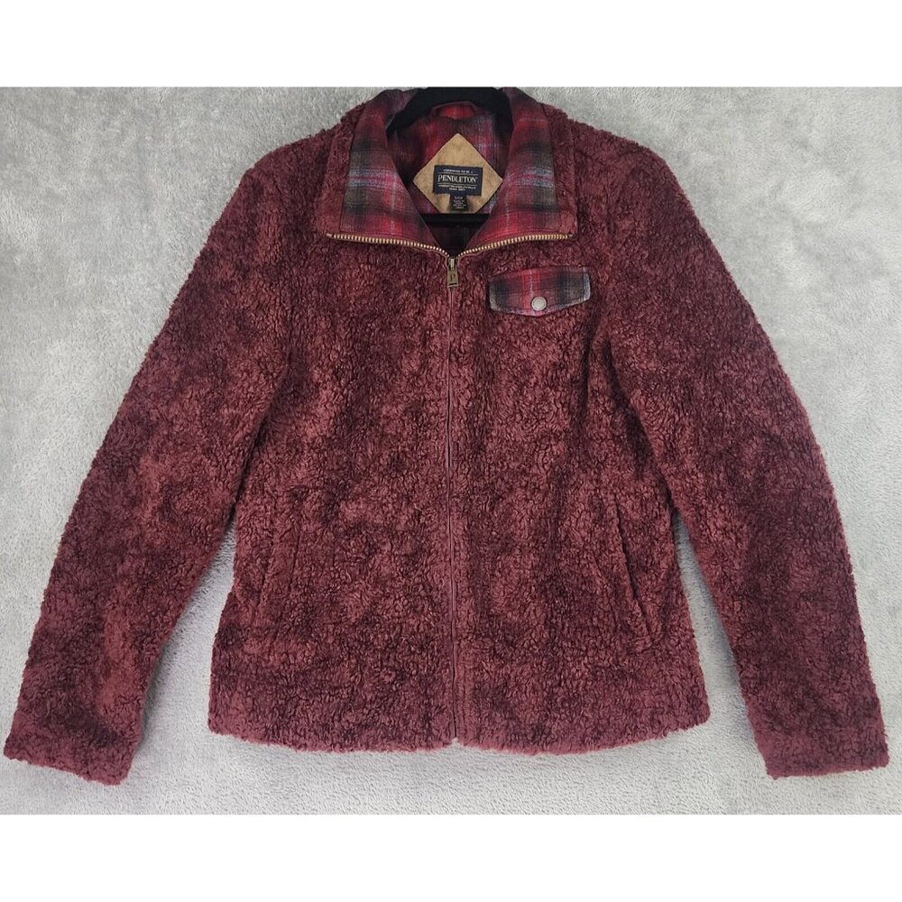 Pendleton‎ Fuzzy Jacket Womens Small Burgundy Fleece Sherpa Full Zip Long Sleeve
